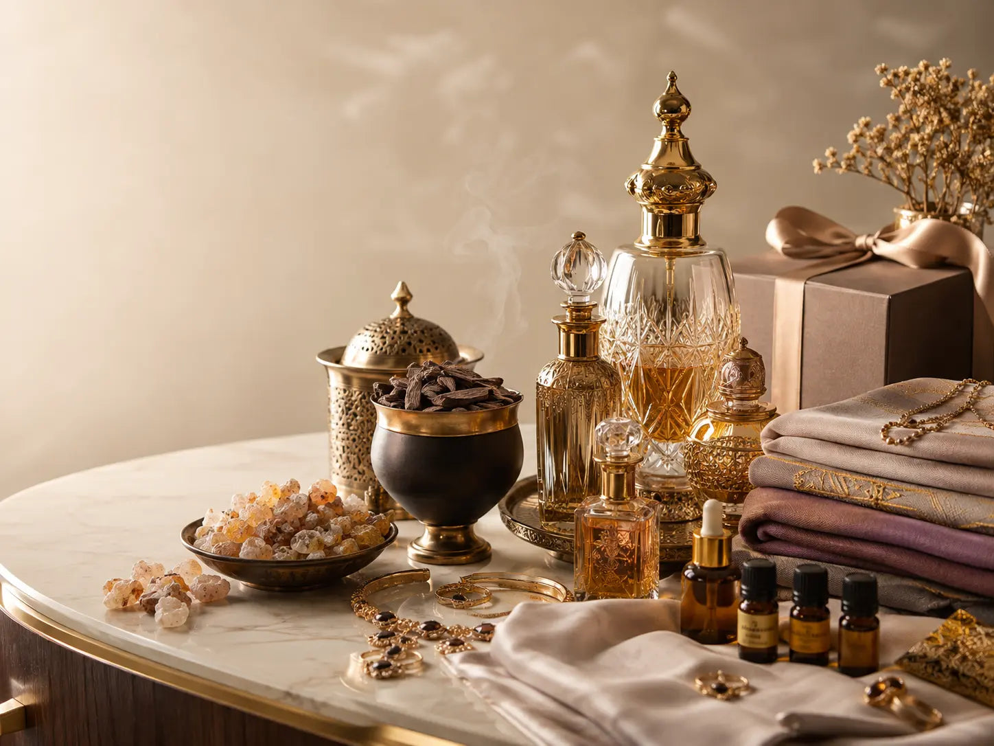Perfume bottles, natural resin, incense, and prayer beads