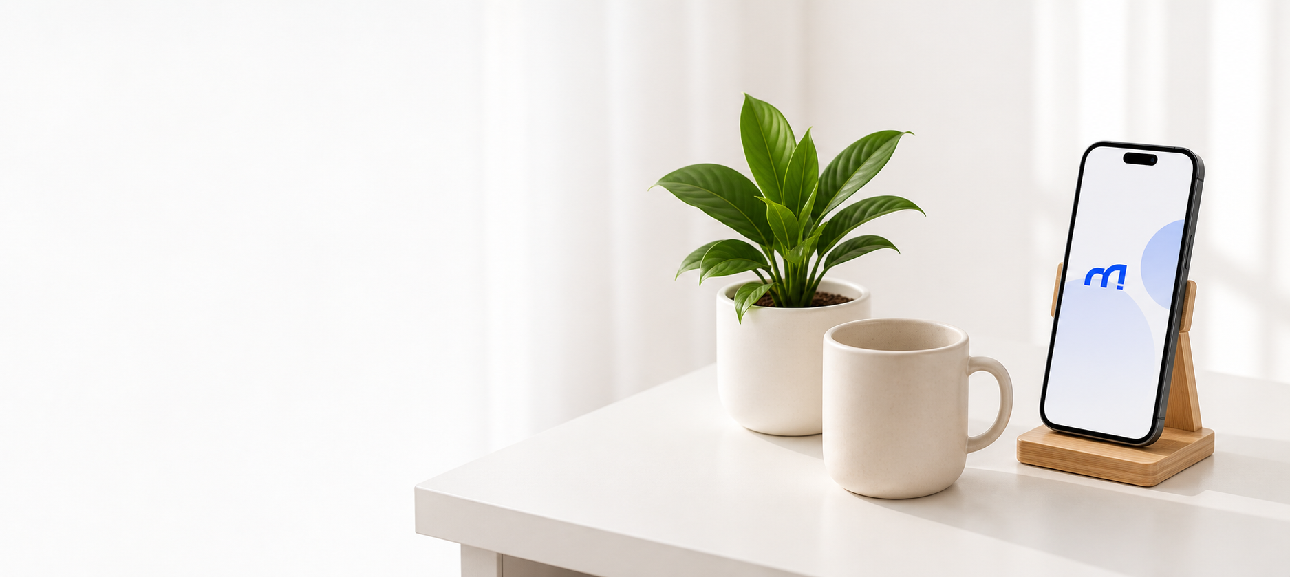 Contact support phone with plant and mug